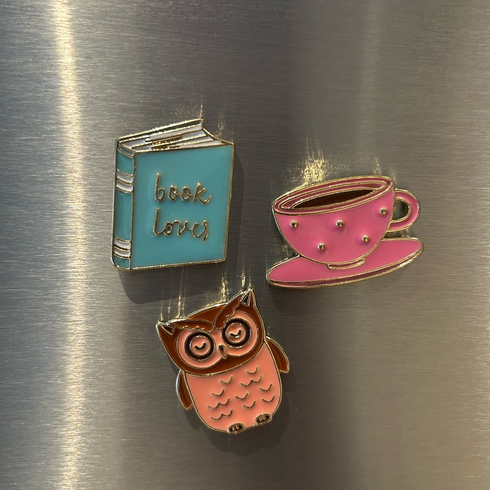 NWOT Enamel Magnet Set - Book, Cup, and Owl